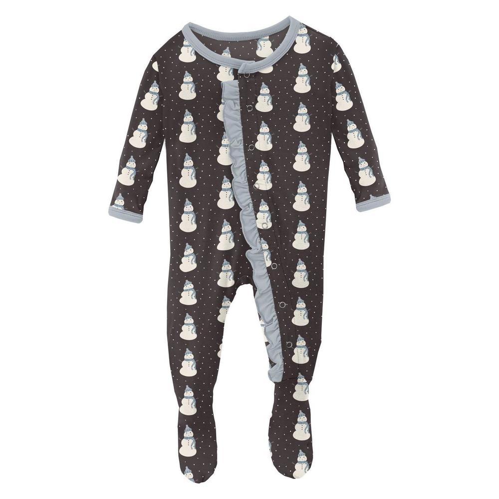 NEW KICKEE kids' ruffle footie with snaps in midnight tiny snowman